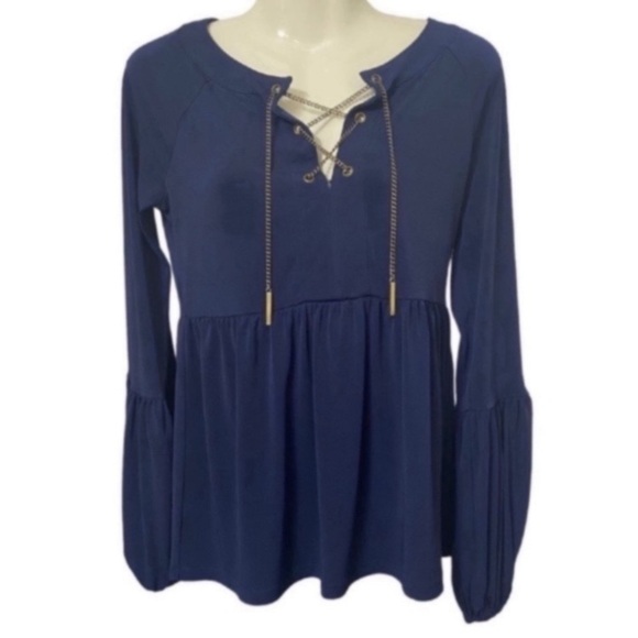 MICHAEL, Michael Kors Designer Women’s Navy Blue Gold Chain Lace-Up Blouse XS - Picture 3 of 11